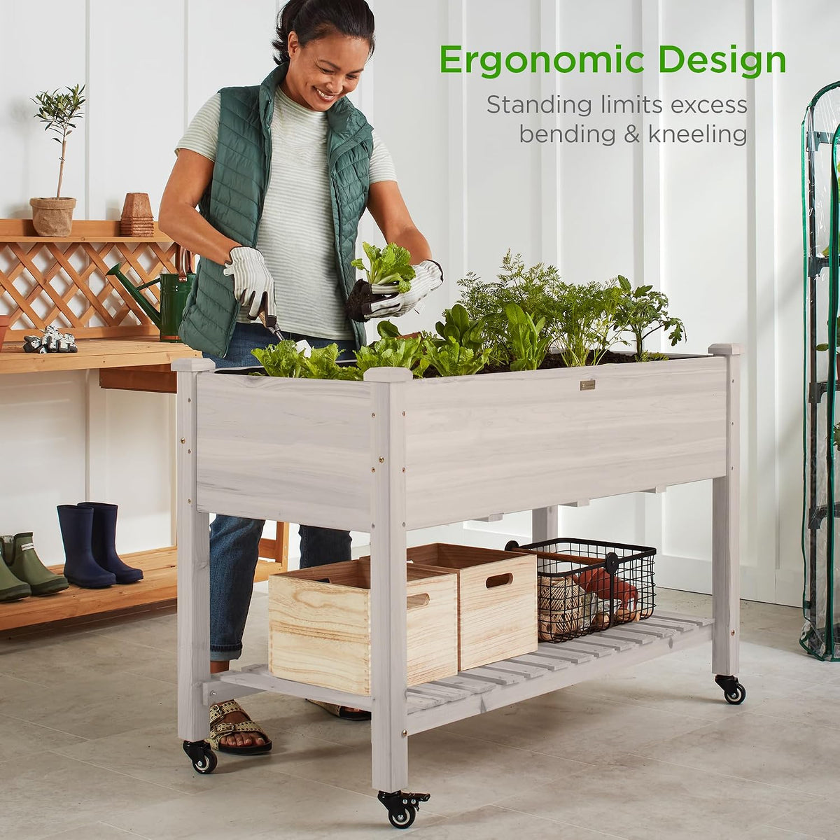 48x24x32-inch Mobile Elevated Wood Planter w/Lockable Wheels, Storage Shelf, Protective Liner - White
