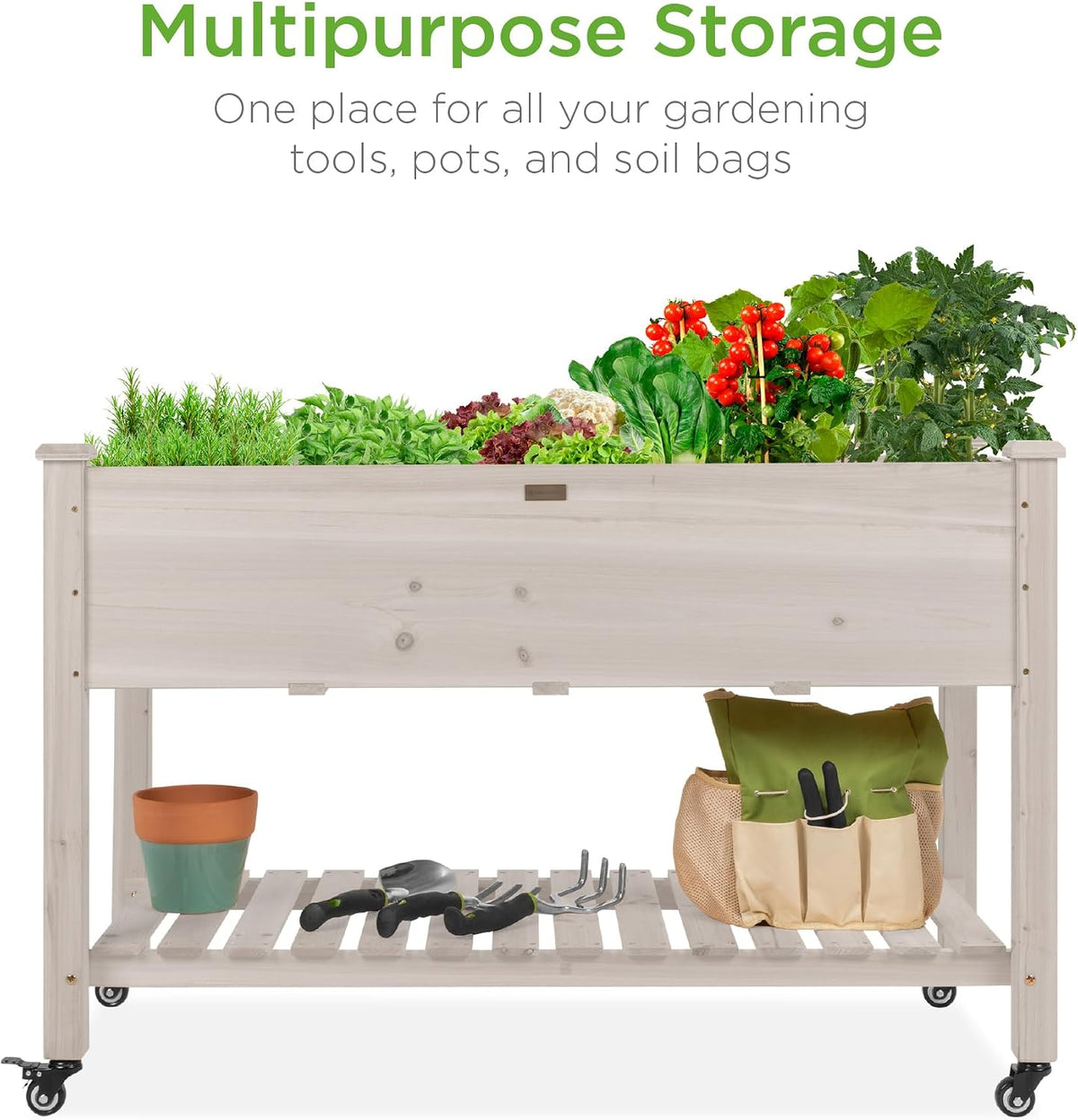 48x24x32-inch Mobile Elevated Wood Planter w/Lockable Wheels, Storage Shelf, Protective Liner - White