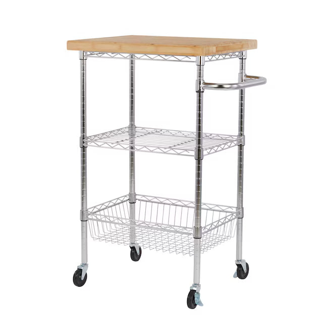 Style Selections Chrome Steel Base with Wood Rolling Kitchen Cart ( 24-in x 19.7-in x 38-in )