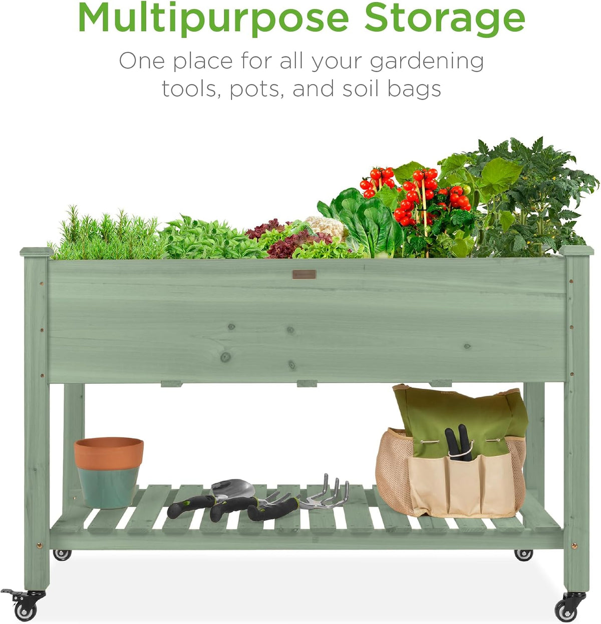 48x24x32-inch Mobile Elevated Wood Planter w/Lockable Wheels, Storage Shelf, Protective Liner - Sage