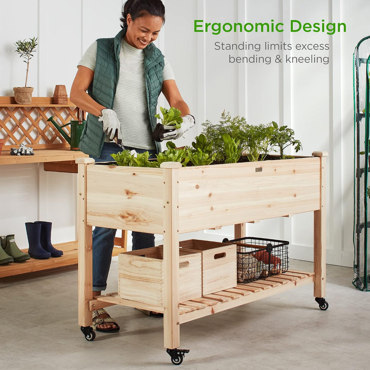 48x24x32-inch Mobile Elevated Wood Planter w/Lockable Wheels, Storage Shelf, Protective Liner - Natural