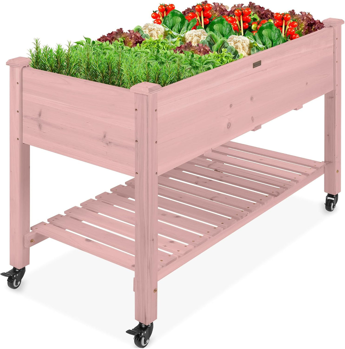 48x24x32-inch Mobile Elevated Wood Planter w/Lockable Wheels, Storage Shelf, Protective Liner - Natural