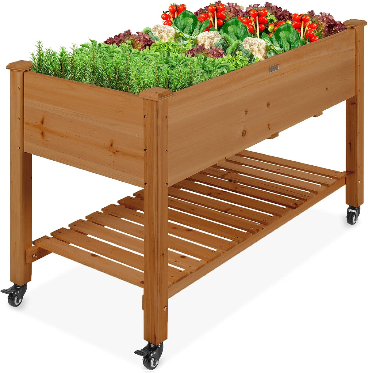 48x24x32-inch Mobile Elevated Wood Planter w/Lockable Wheels, Storage Shelf, Protective Liner - Sage