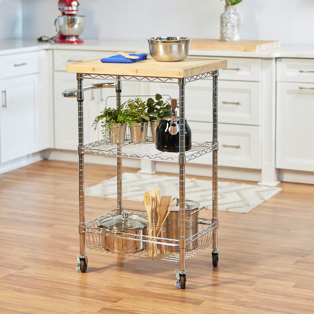 Style Selections Chrome Steel Base with Wood Rolling Kitchen Cart ( 24-in x 19.7-in x 38-in )