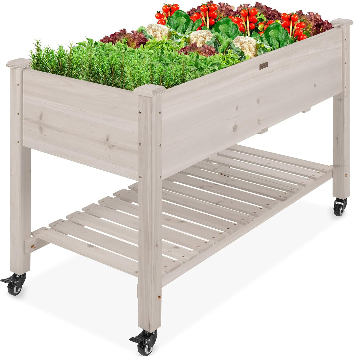 48x24x32-inch Mobile Elevated Wood Planter w/Lockable Wheels, Storage Shelf, Protective Liner - White