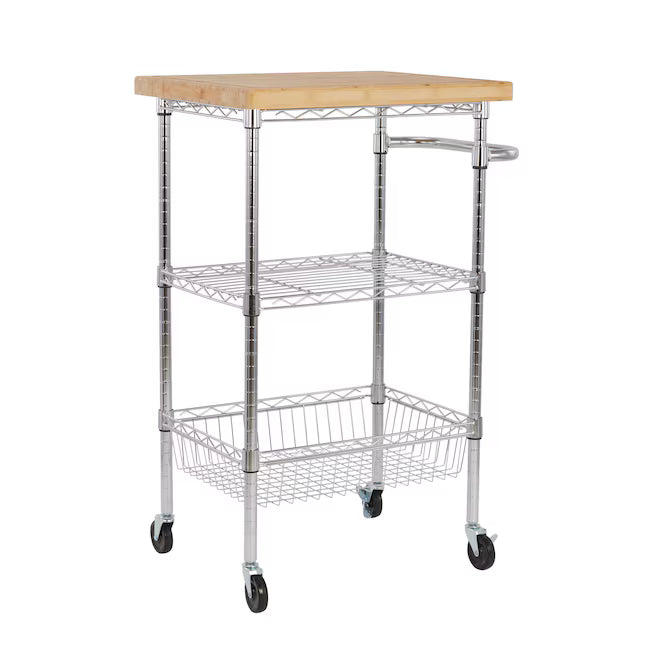 Style Selections Chrome Steel Base with Wood Rolling Kitchen Cart ( 24-in x 19.7-in x 38-in )