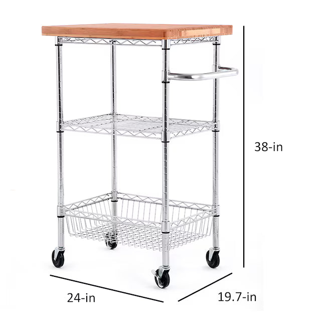 Style Selections Chrome Steel Base with Wood Rolling Kitchen Cart ( 24-in x 19.7-in x 38-in )