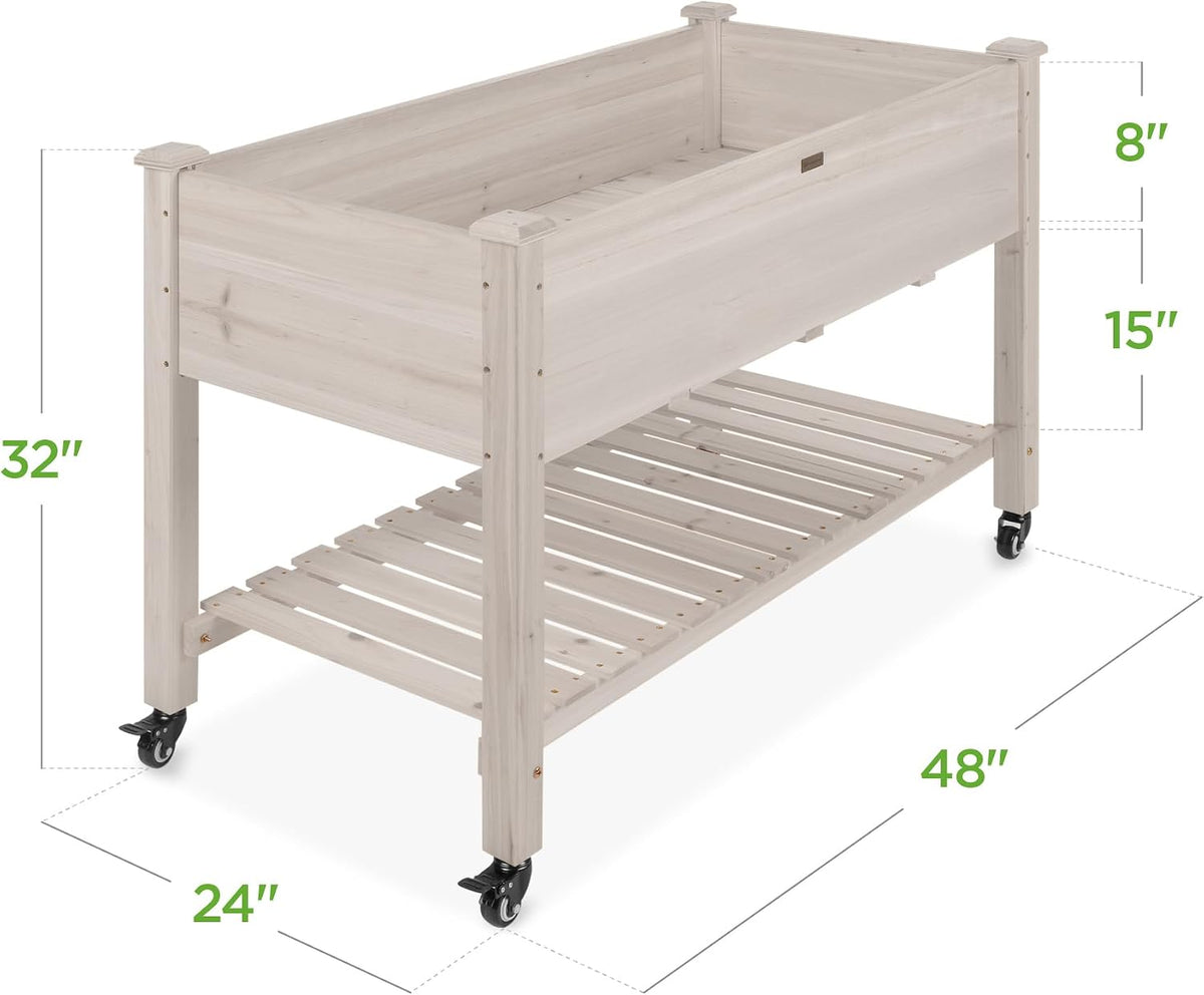 48x24x32-inch Mobile Elevated Wood Planter w/Lockable Wheels, Storage Shelf, Protective Liner - White