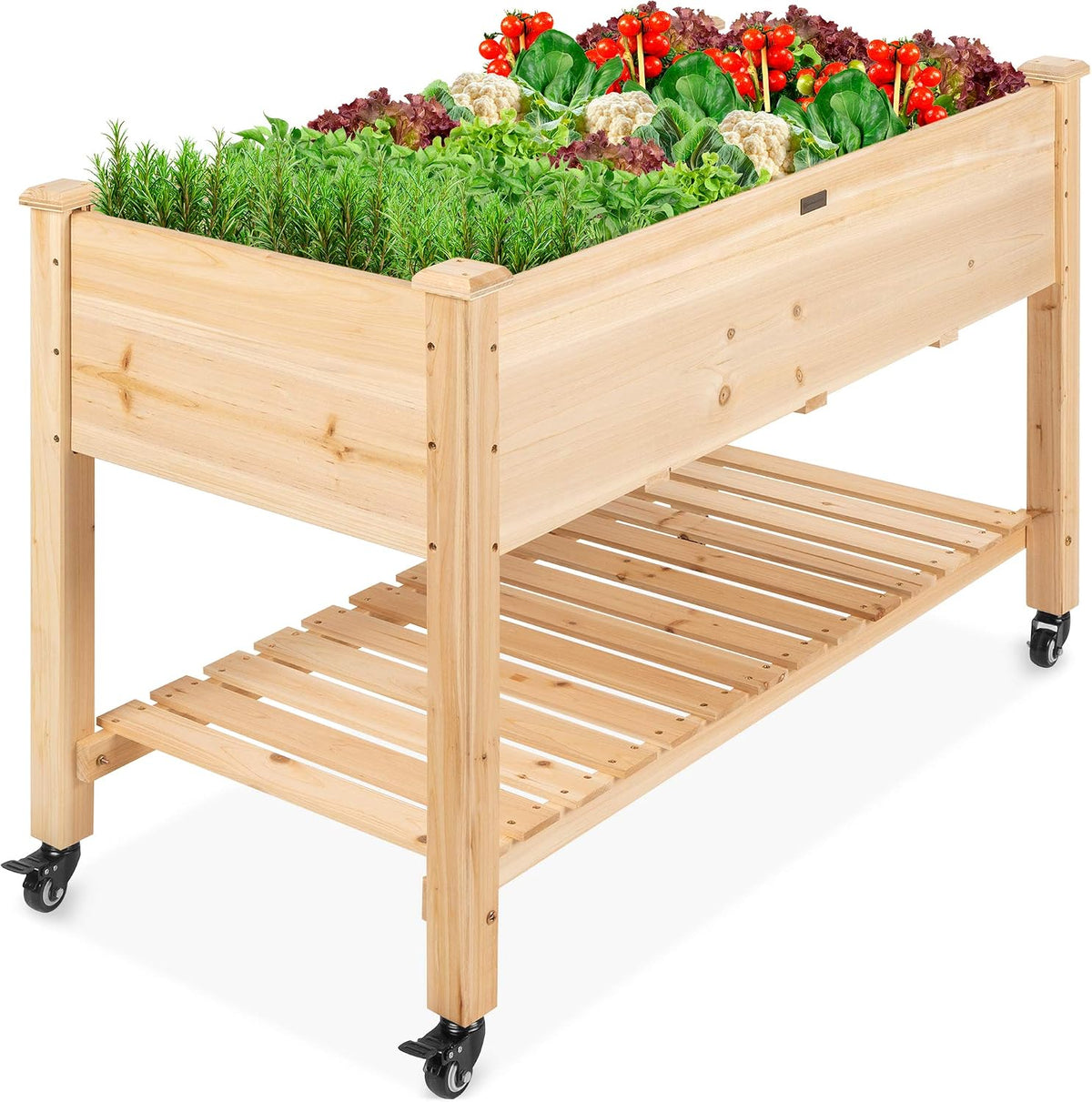 48x24x32-inch Mobile Elevated Wood Planter w/Lockable Wheels, Storage Shelf, Protective Liner - Natural