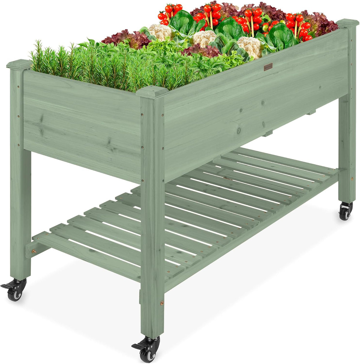 48x24x32-inch Mobile Elevated Wood Planter w/Lockable Wheels, Storage Shelf, Protective Liner - Natural