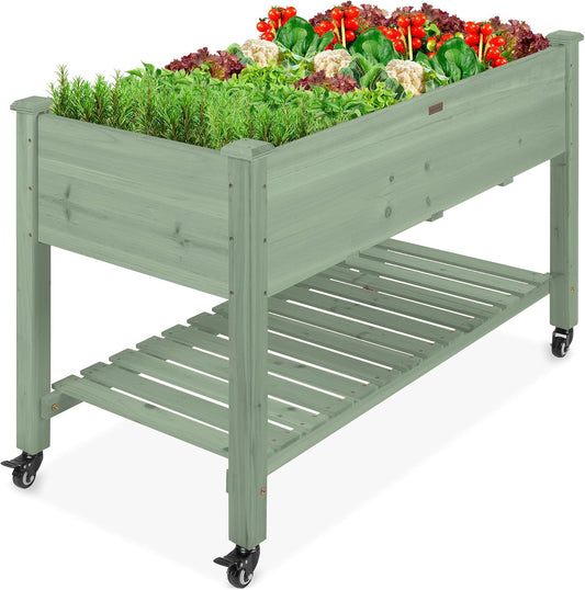 48x24x32-inch Mobile Elevated Wood Planter w/Lockable Wheels, Storage Shelf, Protective Liner - Sage