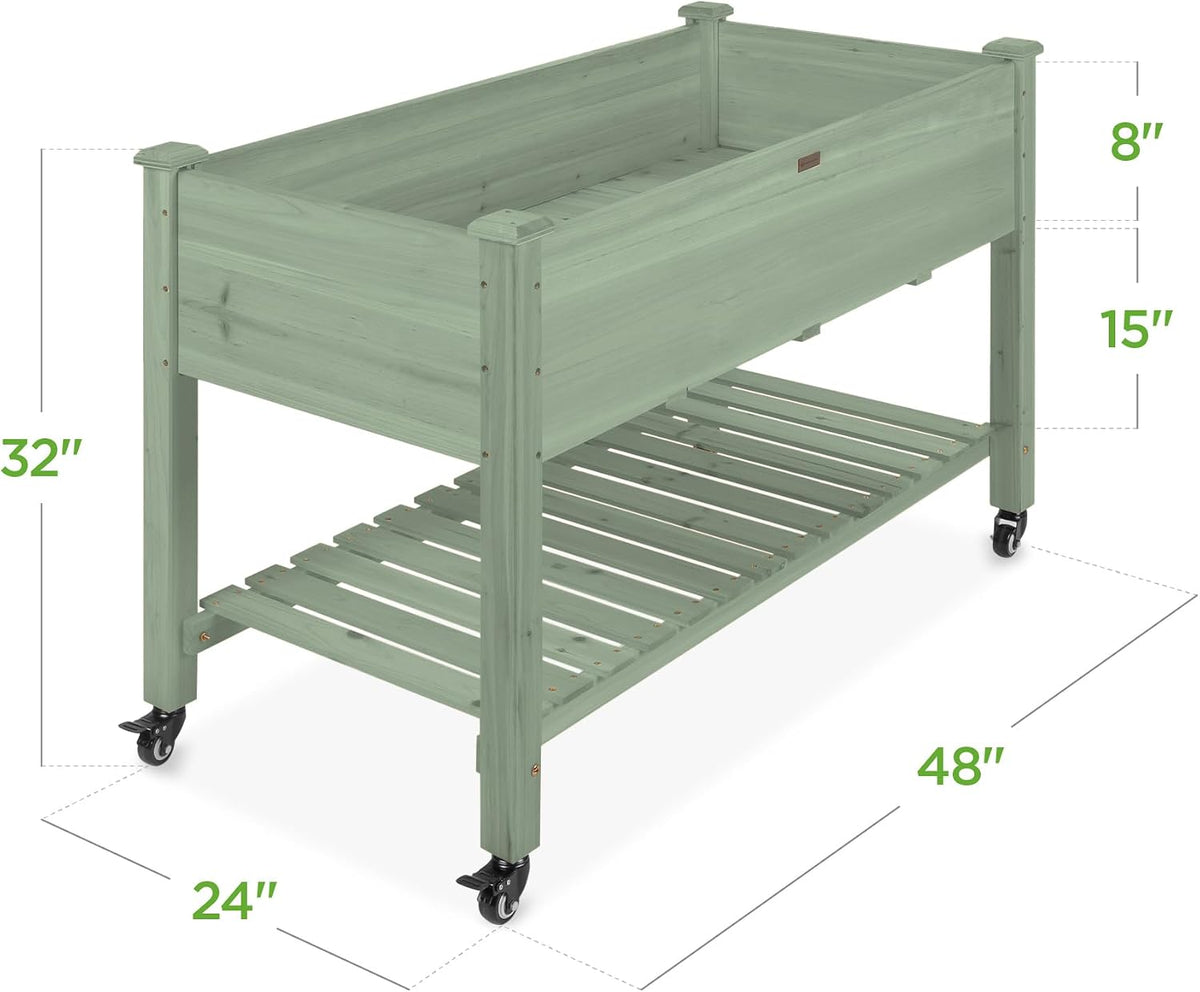 48x24x32-inch Mobile Elevated Wood Planter w/Lockable Wheels, Storage Shelf, Protective Liner - Sage