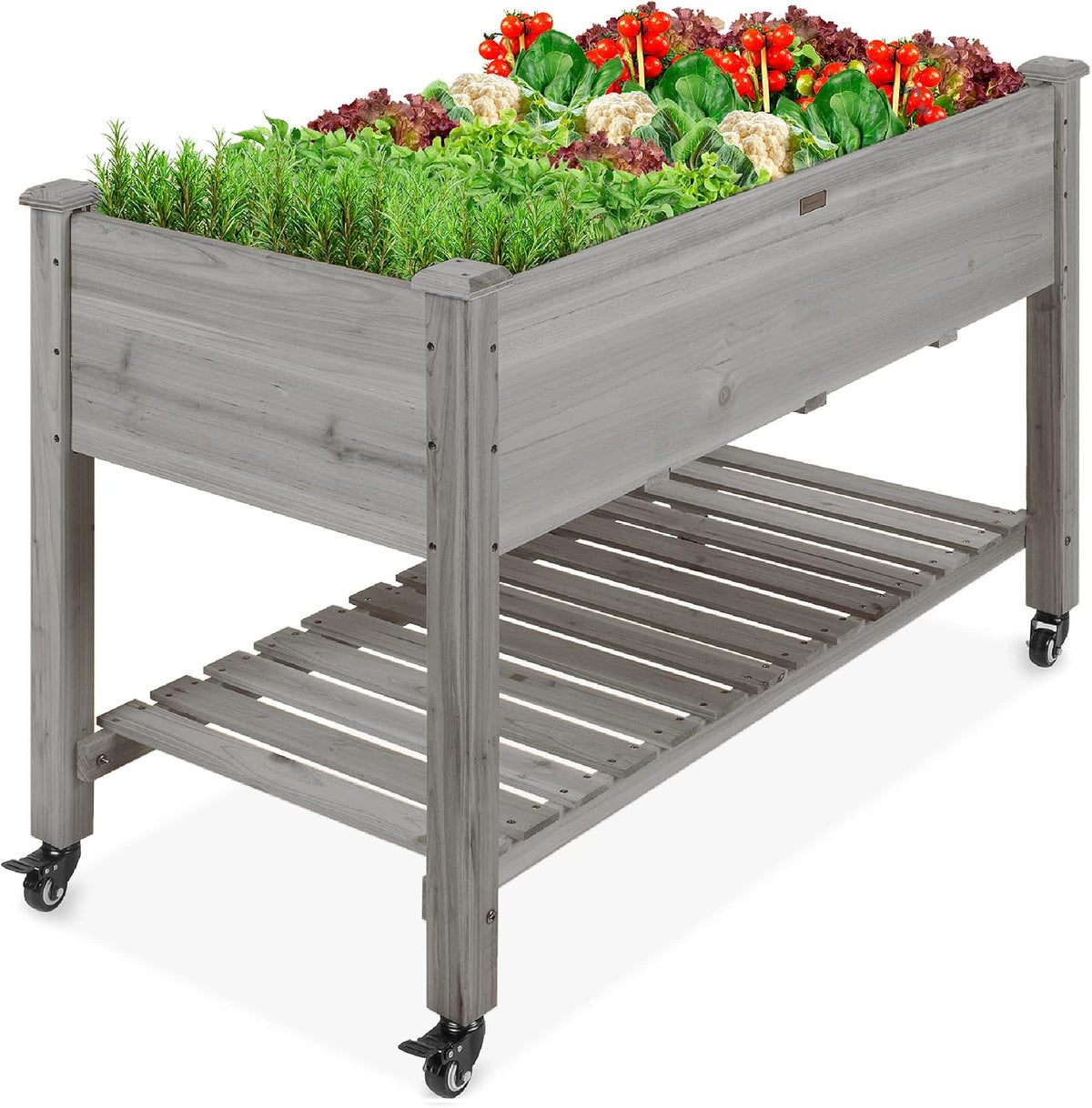 48x24x32-inch Mobile Elevated Wood Planter w/Lockable Wheels, Storage Shelf, Protective Liner - White