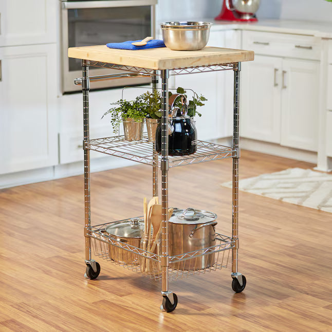 Style Selections Chrome Steel Base with Wood Rolling Kitchen Cart ( 24-in x 19.7-in x 38-in )