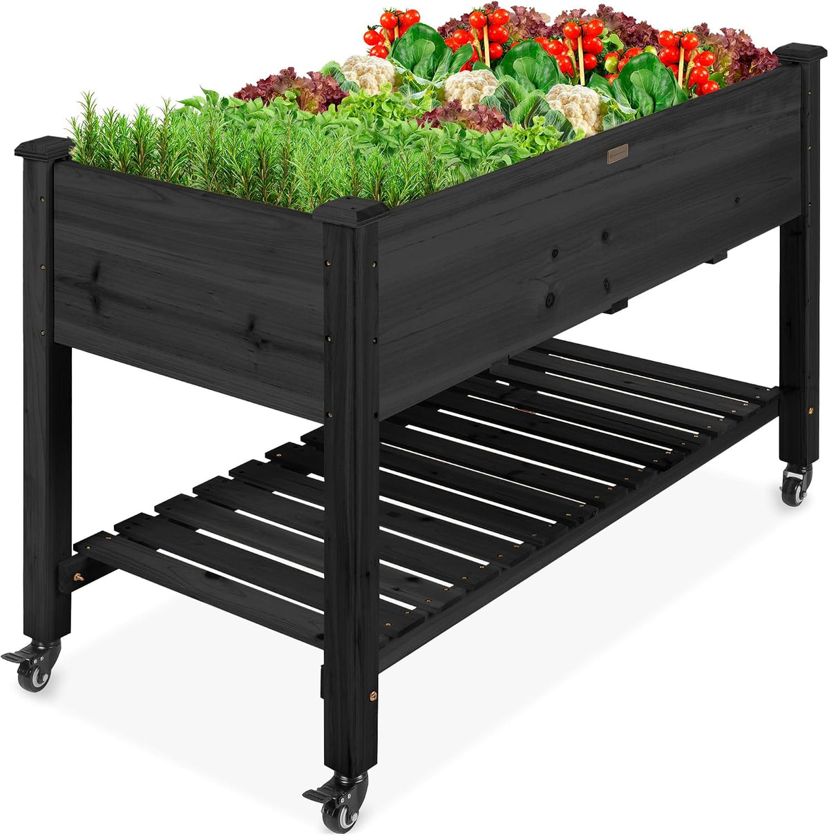 48x24x32-inch Mobile Elevated Wood Planter w/Lockable Wheels, Storage Shelf, Protective Liner - White