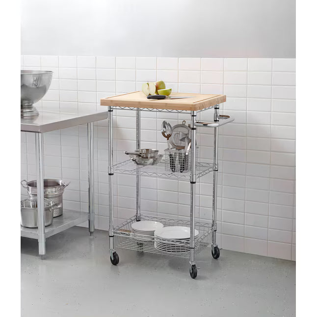 Style Selections Chrome Steel Base with Wood Rolling Kitchen Cart ( 24-in x 19.7-in x 38-in )
