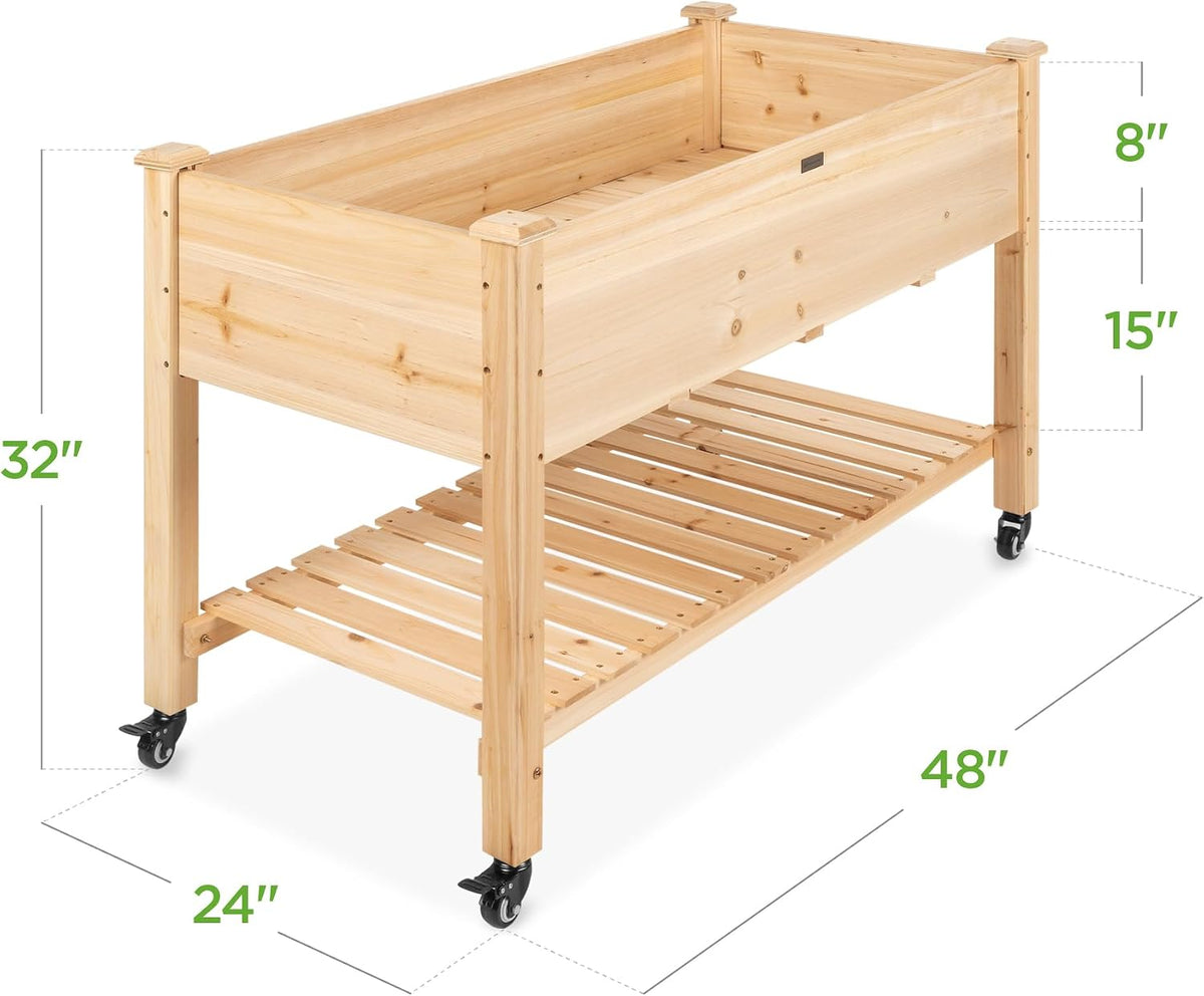 48x24x32-inch Mobile Elevated Wood Planter w/Lockable Wheels, Storage Shelf, Protective Liner - Natural