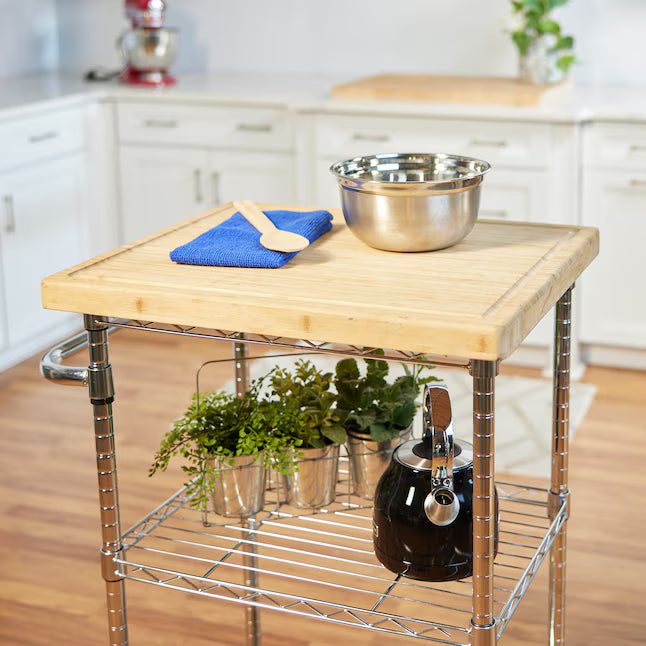 Style Selections Chrome Steel Base with Wood Rolling Kitchen Cart ( 24-in x 19.7-in x 38-in )